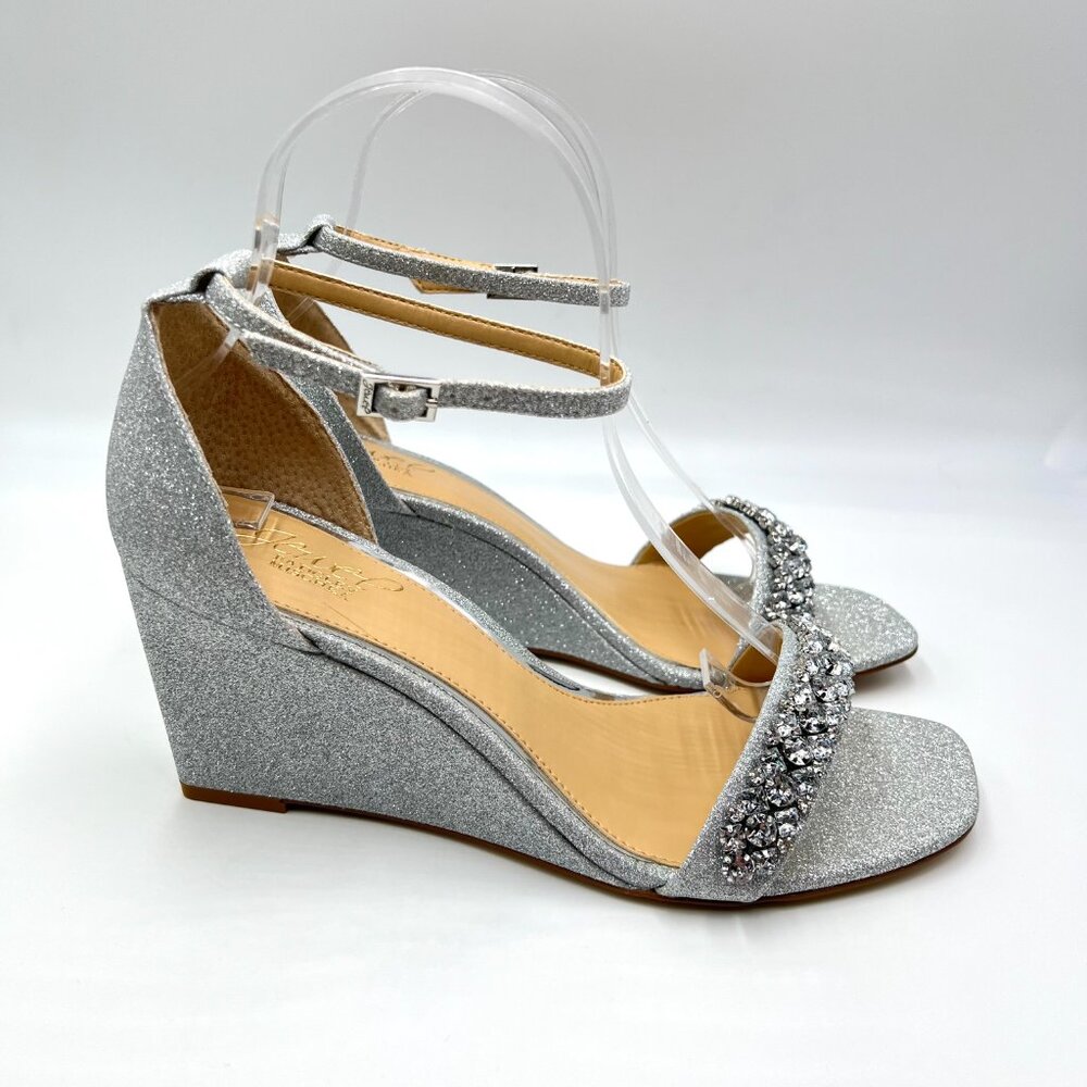 Jewel Badgley Mischka Size 9.5 Peggy Silver Jeweled‎ Wedges Dress Sandals Shoes